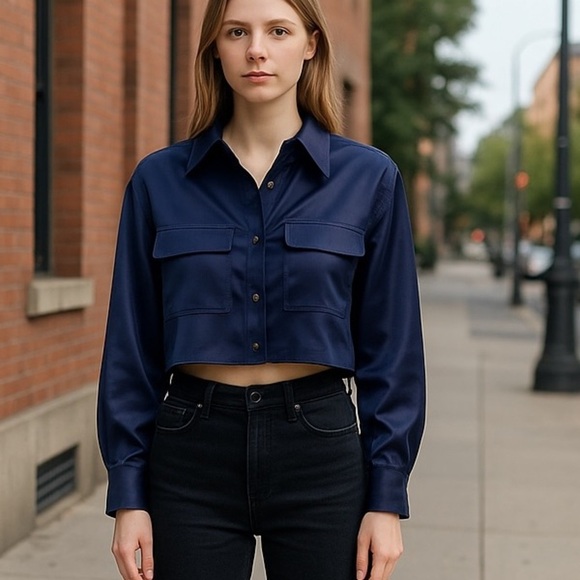 Zara Navy Blue Cropped Blouse - Picture 1 of 6